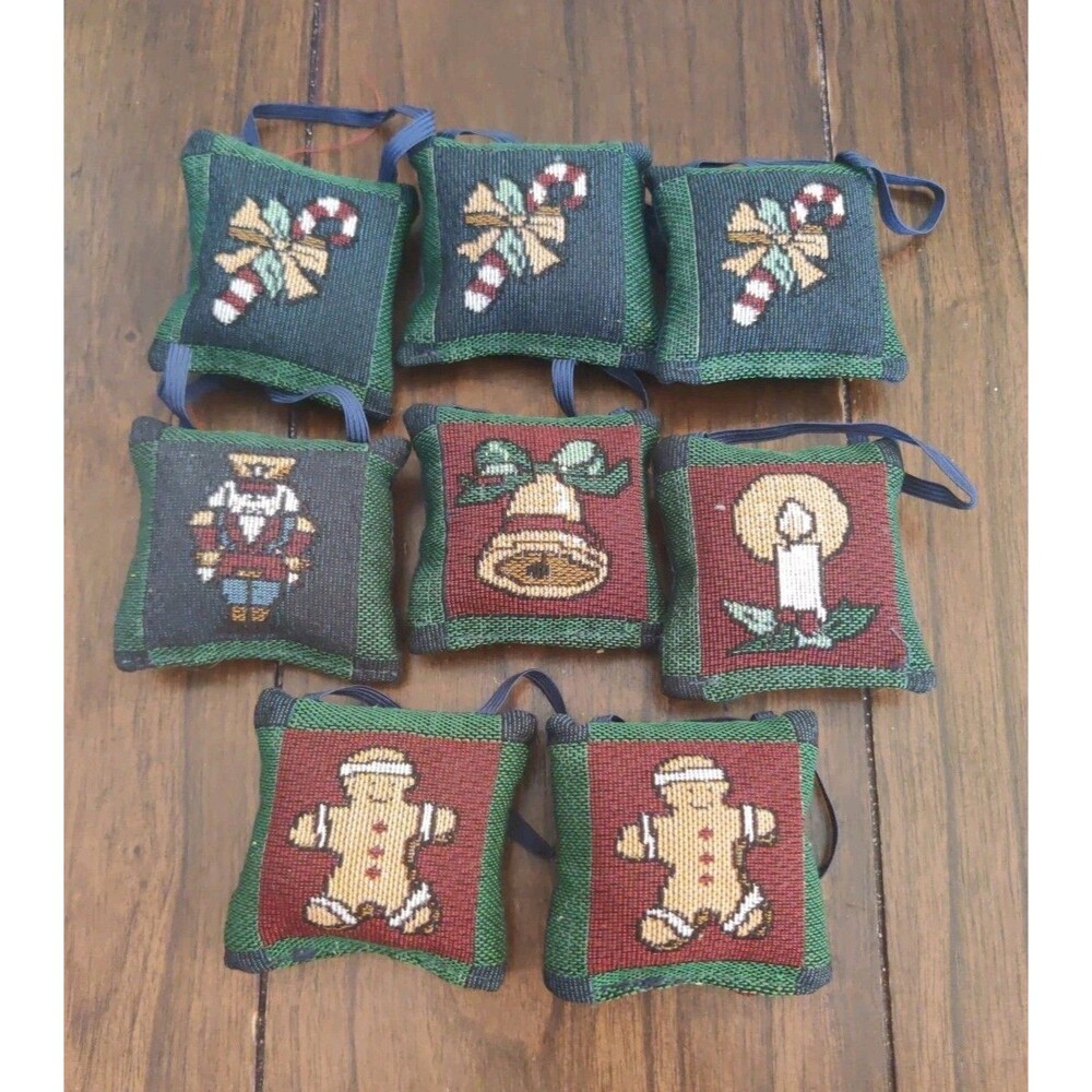 Lot Of 8 Tapestry Fabric Christmas Ornaments Door Knob Hangers Navy Blue 3x3"